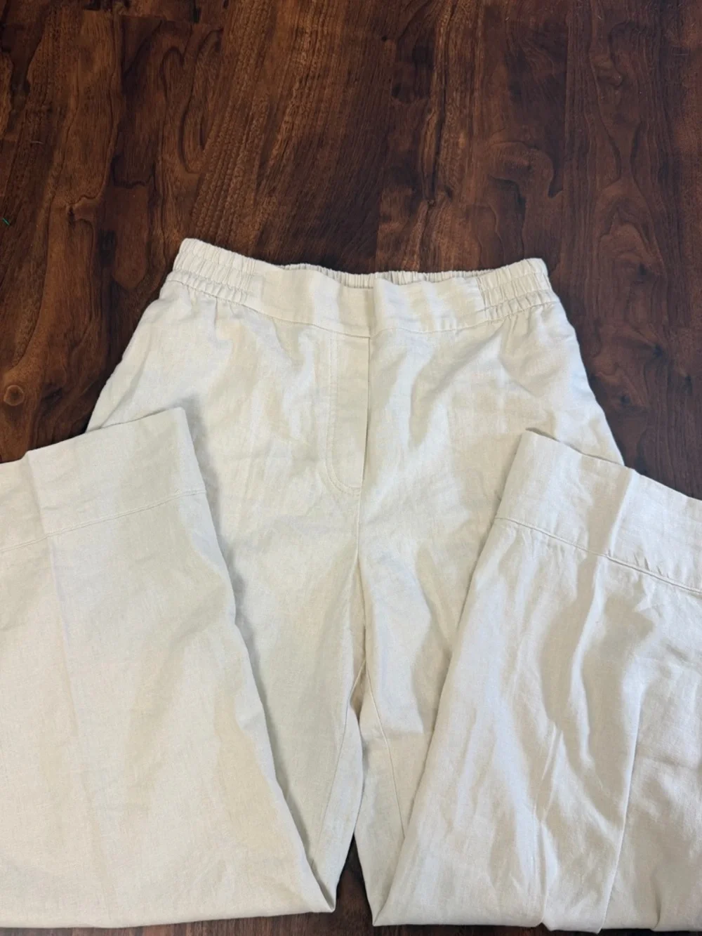 Zara Beige Linen Blend  Elastic Waist Straight Leg Pleated Pants
